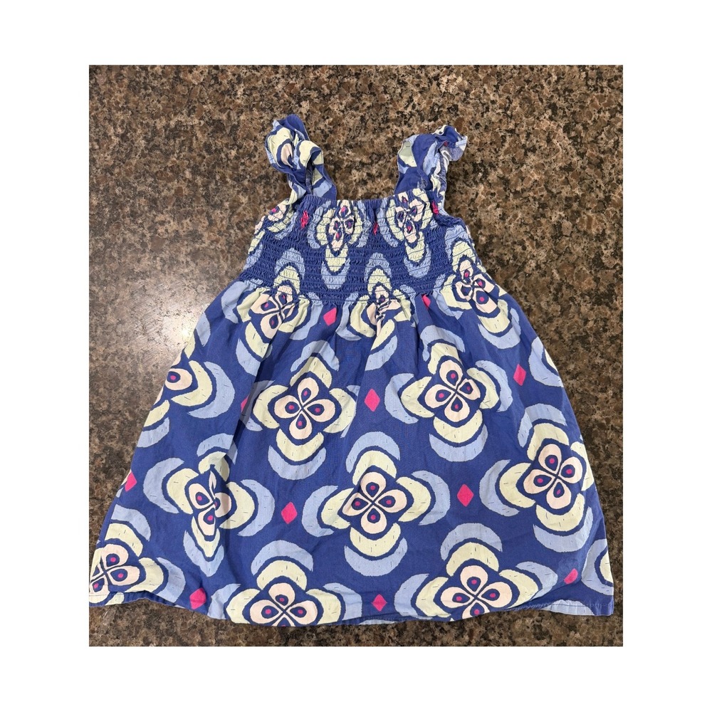 Gymboree Girls Blue Geometric Floral Smocked Ruffle Strap Sleeveless Boho Summer